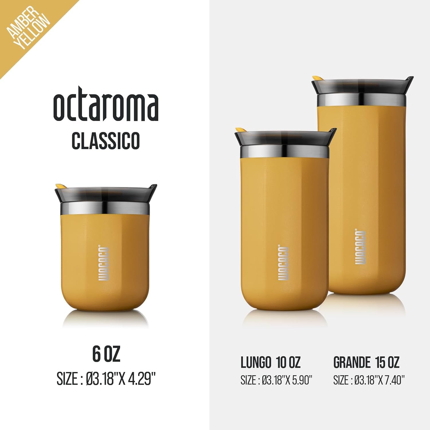 Octaroma Classicotravel Coffee Mug, Double-Wall Stainless Steel Travel Tumbler with Drinking Lid, 6 Fl Oz (180Ml), Amber Yellow