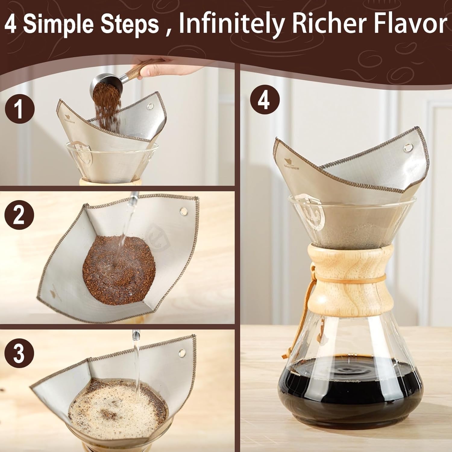 Stainless Steel Coffee Filter for 6/8/10 Cup Pour over Glass Coffee Makers–Square Reusable Mesh Coffee Filter with Hanging-Ears, Compatible with Chemex and Similar Pour over Glass Coffee Makers