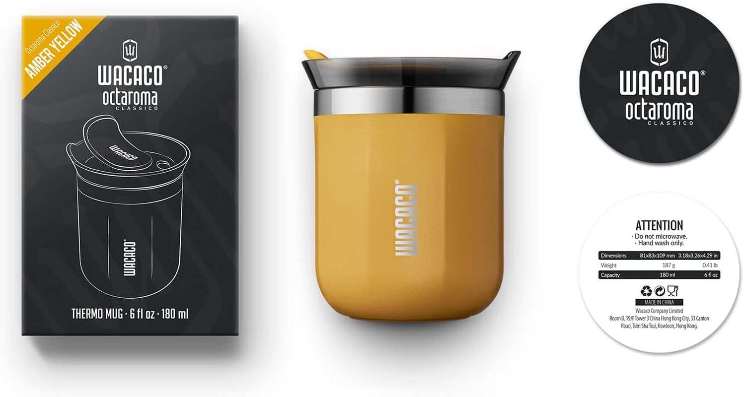 Octaroma Classicotravel Coffee Mug, Double-Wall Stainless Steel Travel Tumbler with Drinking Lid, 6 Fl Oz (180Ml), Amber Yellow
