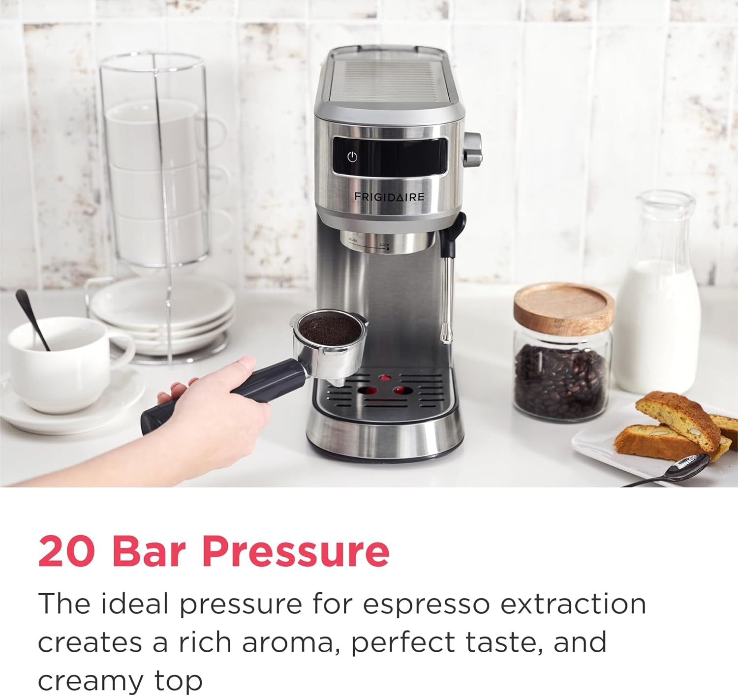 Steam Espresso Maker, Coffee Machine with Milk Frother & Cup Warmer, 20 Bar Pressure, 34 Oz Removable Water Tank, Single or Double Shot, Stainless Steel