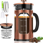French Press Coffee Maker (21Oz 600ML 3-4Cup) Coffee Press, with 4 Filters System, Heat Resistant Thickness Borosilicate Glass, Cold Brew Coffee Tea Pot Gifts (Copper)