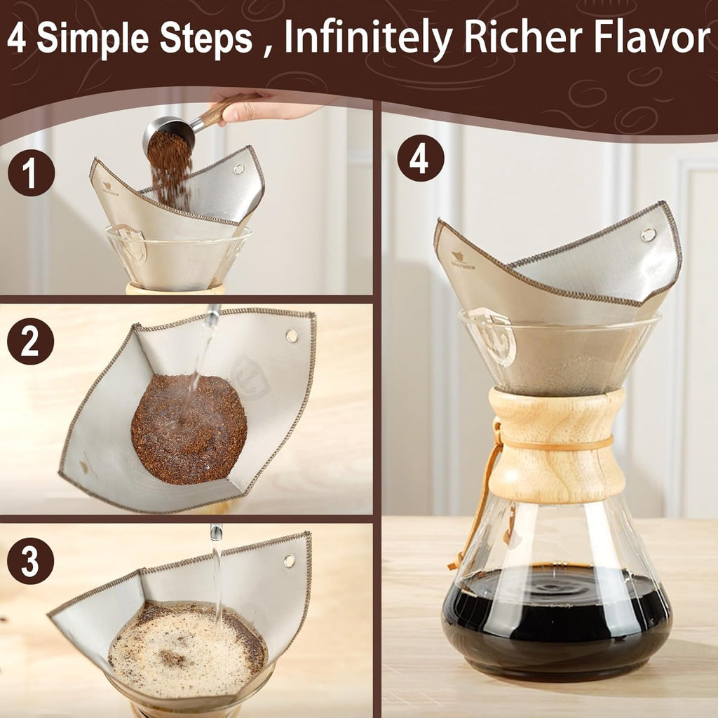 Stainless Steel Coffee Filter for 6/8/10 Cup Pour over Glass Coffee Makers–Square Reusable Mesh Coffee Filter with Hanging-Ears, Compatible with Chemex and Similar Pour over Glass Coffee Makers
