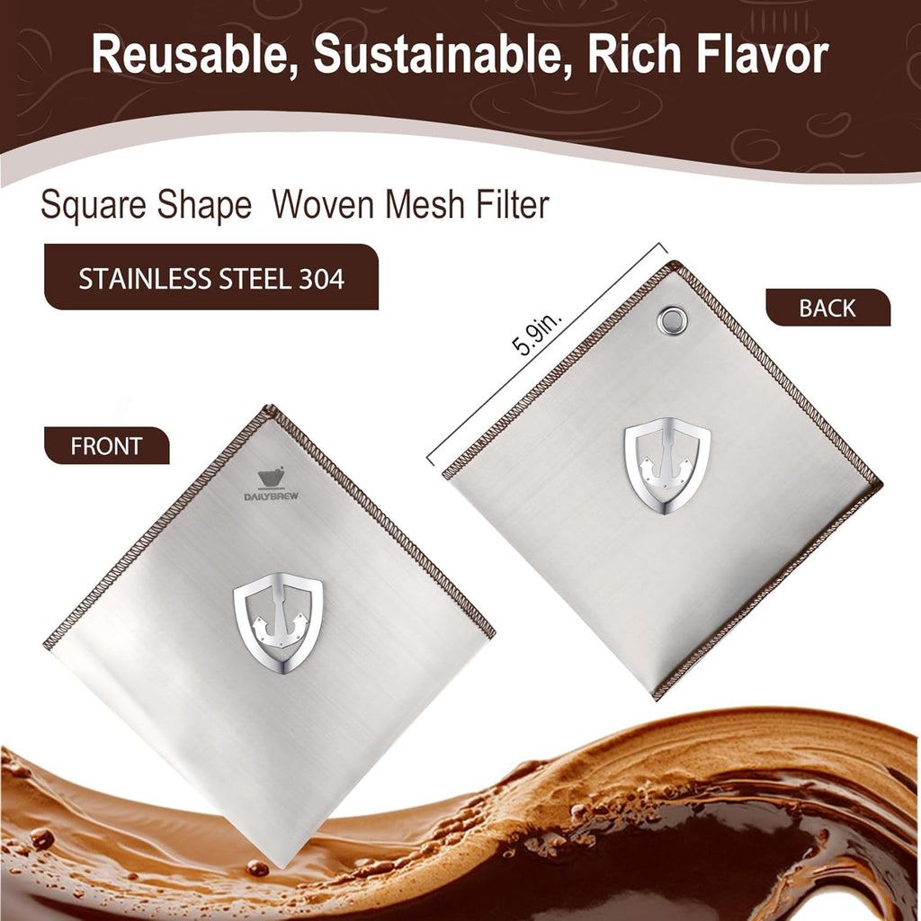 Stainless Steel Coffee Filter for 6/8/10 Cup Pour over Glass Coffee Makers–Square Reusable Mesh Coffee Filter with Hanging-Ears, Compatible with Chemex and Similar Pour over Glass Coffee Makers