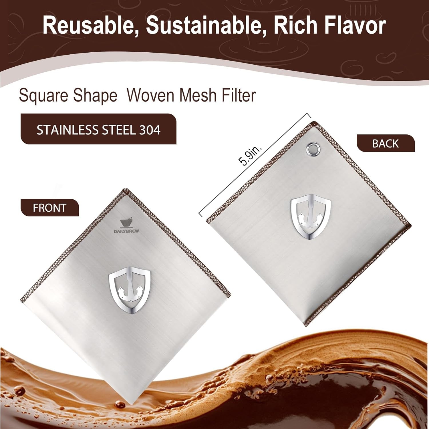 Stainless Steel Coffee Filter for 6/8/10 Cup Pour over Glass Coffee Makers–Square Reusable Mesh Coffee Filter with Hanging-Ears, Compatible with Chemex and Similar Pour over Glass Coffee Makers