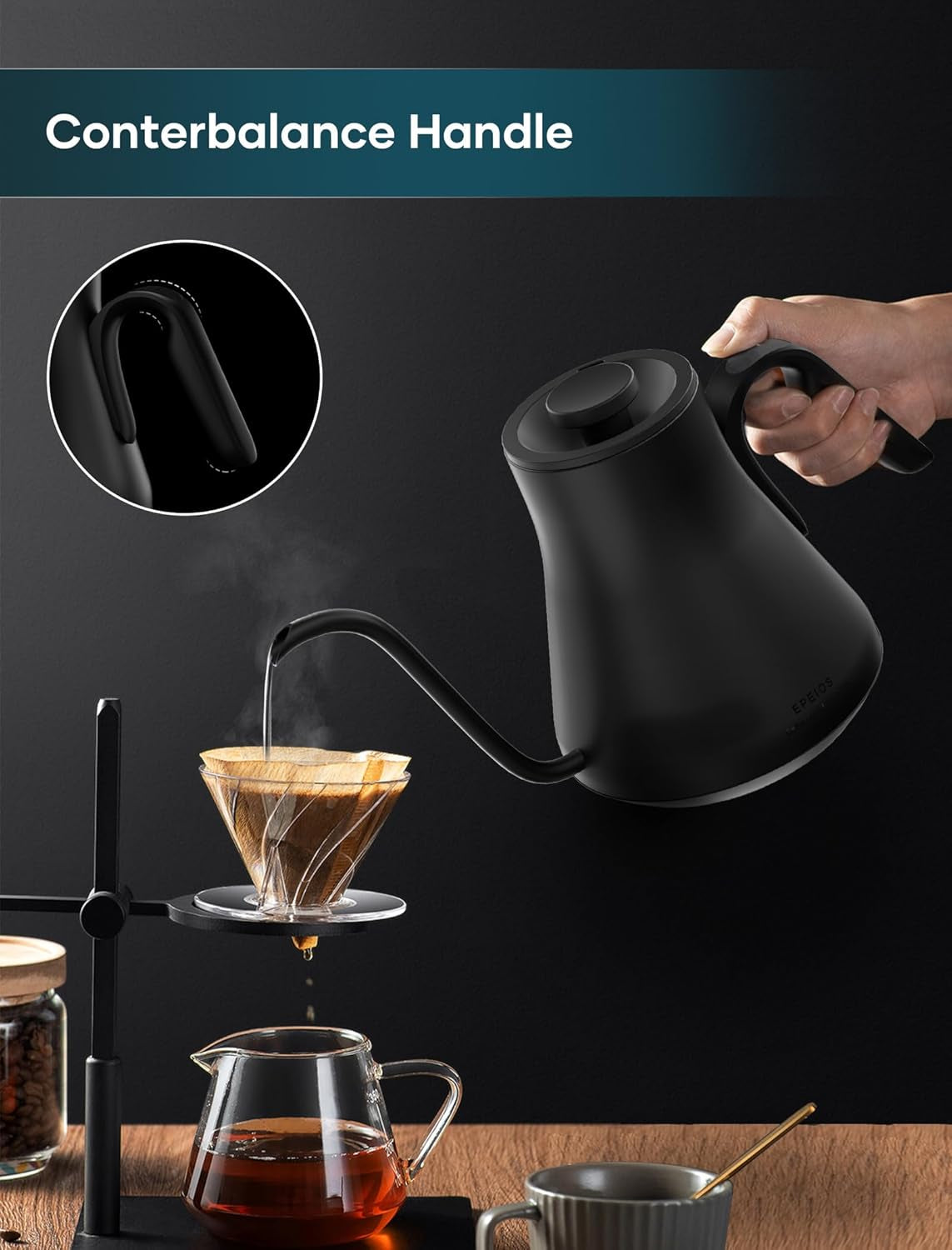 Gooseneck Electric Kettle with ±1℉ Temperature Control for Pour over Coffee & Tea, Quick Heating, Bpa-Free Stainless Steel, Built-In Brew Timer, 1500W/0.9L (Ebony Black)
