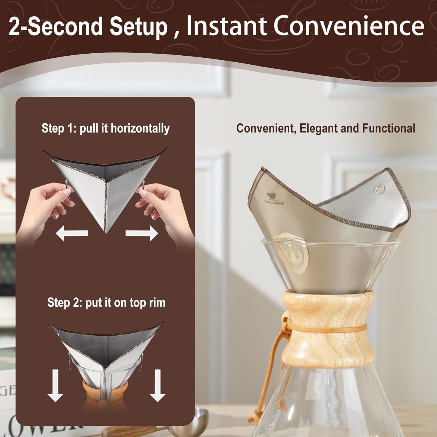 Stainless Steel Coffee Filter for 6/8/10 Cup Pour over Glass Coffee Makers–Square Reusable Mesh Coffee Filter with Hanging-Ears, Compatible with Chemex and Similar Pour over Glass Coffee Makers