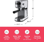 Steam Espresso Maker, Coffee Machine with Milk Frother & Cup Warmer, 20 Bar Pressure, 34 Oz Removable Water Tank, Single or Double Shot, Stainless Steel