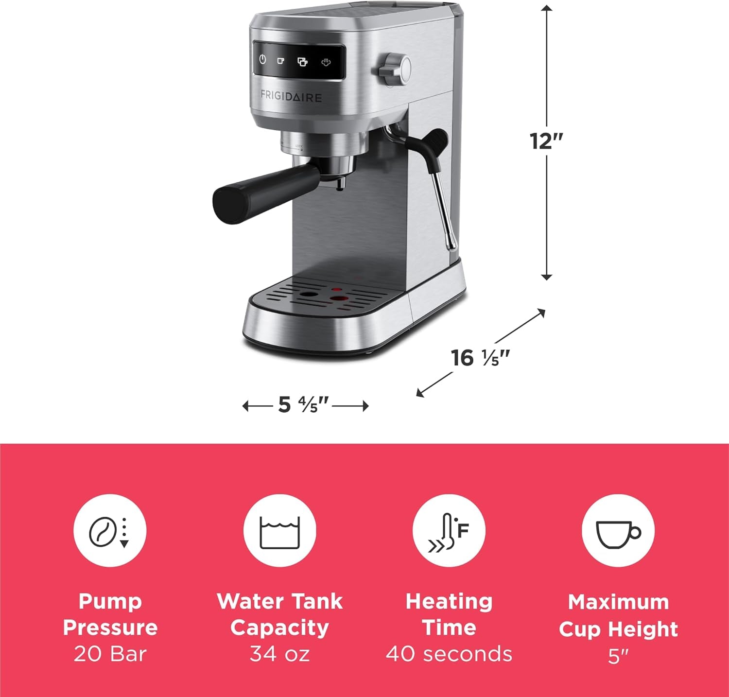 Steam Espresso Maker, Coffee Machine with Milk Frother & Cup Warmer, 20 Bar Pressure, 34 Oz Removable Water Tank, Single or Double Shot, Stainless Steel