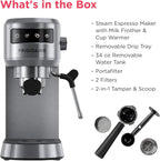 Steam Espresso Maker, Coffee Machine with Milk Frother & Cup Warmer, 20 Bar Pressure, 34 Oz Removable Water Tank, Single or Double Shot, Stainless Steel