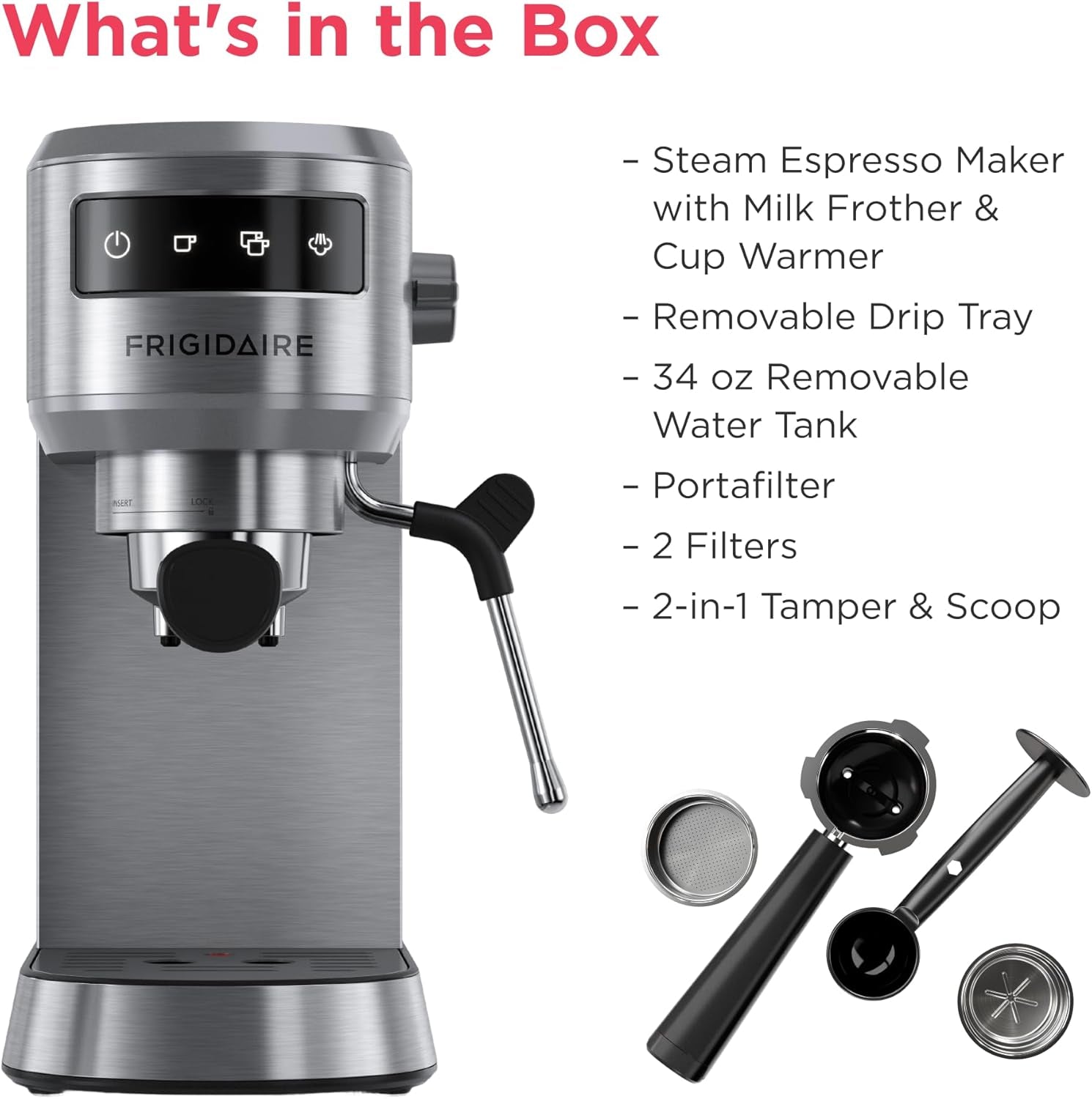 Steam Espresso Maker, Coffee Machine with Milk Frother & Cup Warmer, 20 Bar Pressure, 34 Oz Removable Water Tank, Single or Double Shot, Stainless Steel